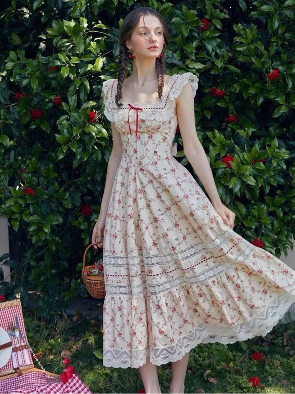 Vintage-Inspired Cream Midi Dress with Red Floral Print